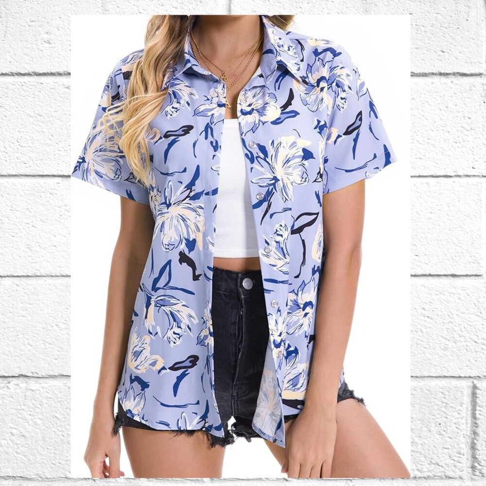 NWT! Womens Short Sleeve Floral Hawaiian Print Button-Down Shirt Top Blouse - Picture 2 of 12